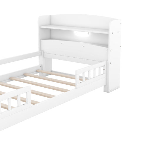 Wood Twin Size Platform Bed With Built-in LED Light, Storage Headboard And Guardrail, White