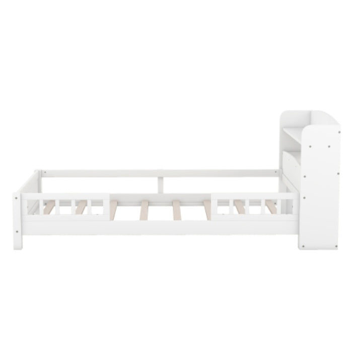 Wood Twin Size Platform Bed With Built-in LED Light, Storage Headboard And Guardrail, White