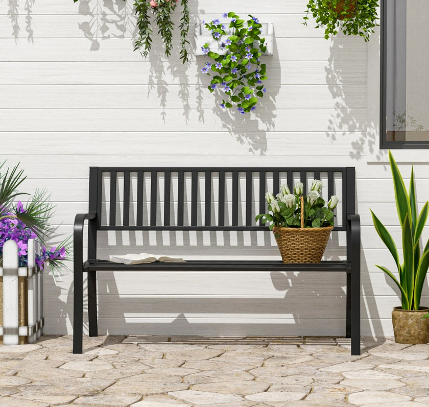 50ft Outdoor Bench Seat, Patio Bench With Slatted Seat, Metal Porch Bench, With 2 Person Design, For Poolside, Lawn, Black
