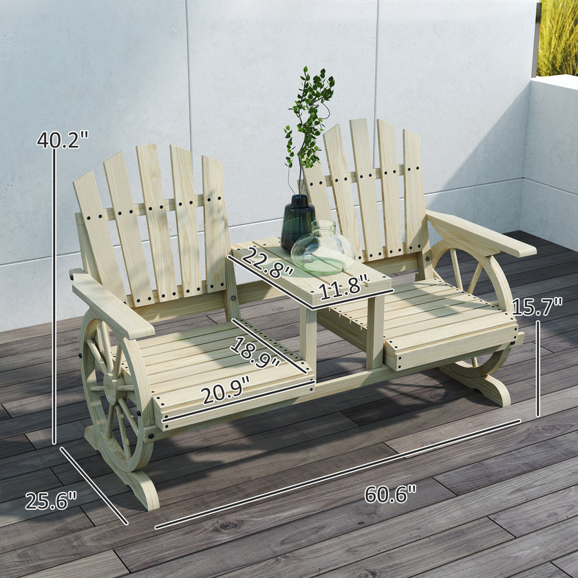 2-Seat Wooden Garden Bench With Table, Umbrella Hole, High Backrest, Armrests For Backyard, Patio, Garden, Natural Wood