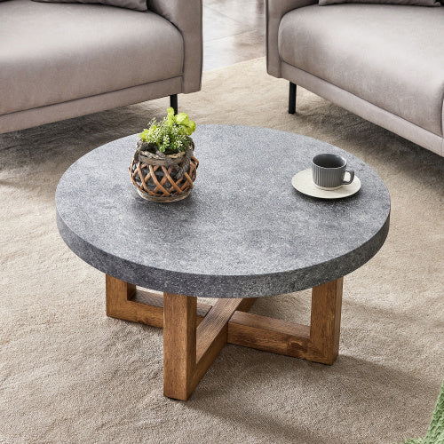 Modern Gray Texture MDF Round Coffee Table - 31.4 Diameter.A Modern Retro Circular Coffee Table With A Diameter Of 31.4 Inches, Made Of MDF Material, Suitable For Living Rooms