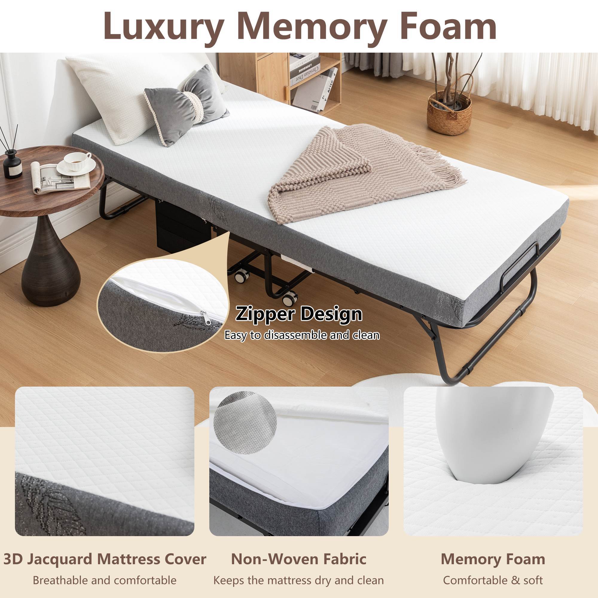 Folding Bed Cot With Mattress For Adults,  Foldable Metal Frame Bed For Guest With Memory Foam Mattress On Wheels, Saving Space Rollaway Bed