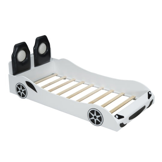 Wood Twin Size Race Car-Shaped Platform Bed With LED And Upholstered Backrest, White