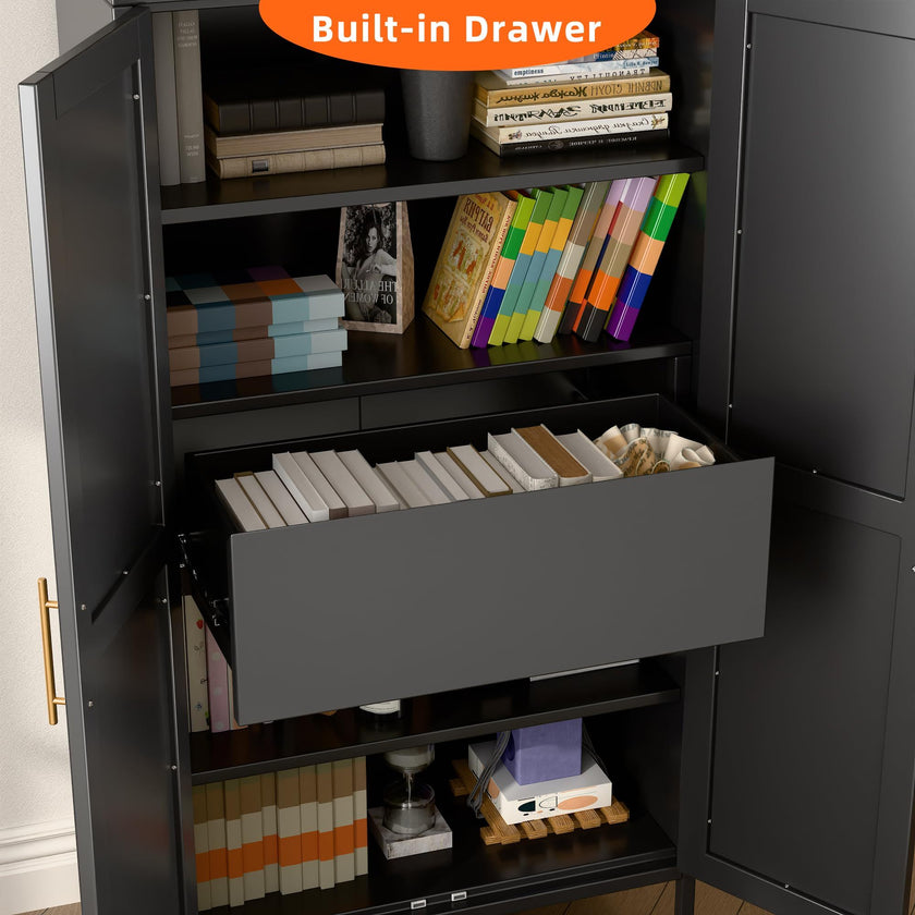 73inch Tall Metal Arched Cabinet, Modern Arch Bookshelf Display Cabinet With Doors,Shelves,Internal Drawers For Home Office Kitchen Bar Living Room,Black