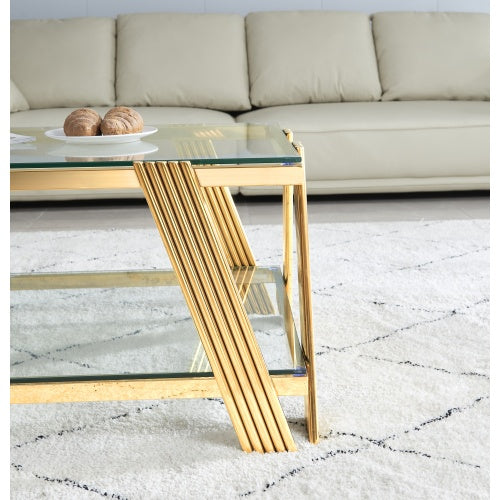 47 Wide Rectangle Modern Stainless Steel Coffee Table, Double-Layer Clear Tempered Glass Coffee Table, Center Table With Storage, For Living Room Home Office, Easy Assembly