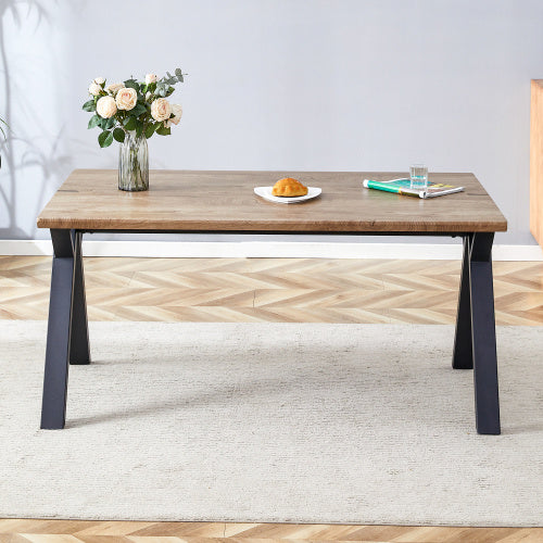 63x35.4Wood-Textured MDF Dining Table With Black A-Frame Legs.Density Board Sticker,Iron Pipe Spraying,Suitable For Various Occasions Such As Living Rooms, Kitchens, Terraces, Etc.