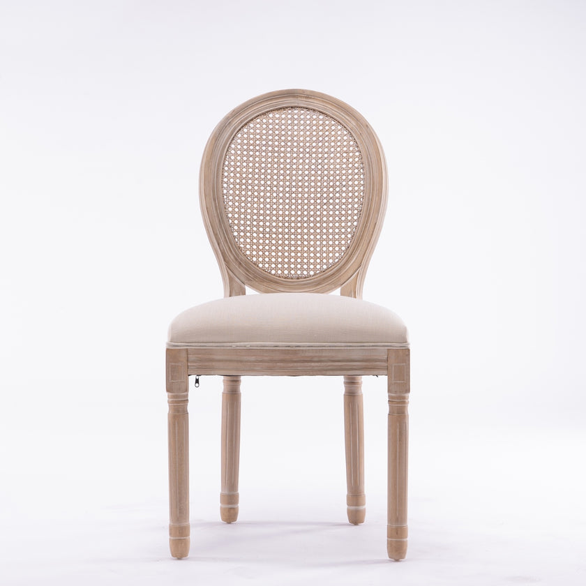 French Style Solid Wood Antique Linen & Rattan Dining Chair, Set Of 2, Cream