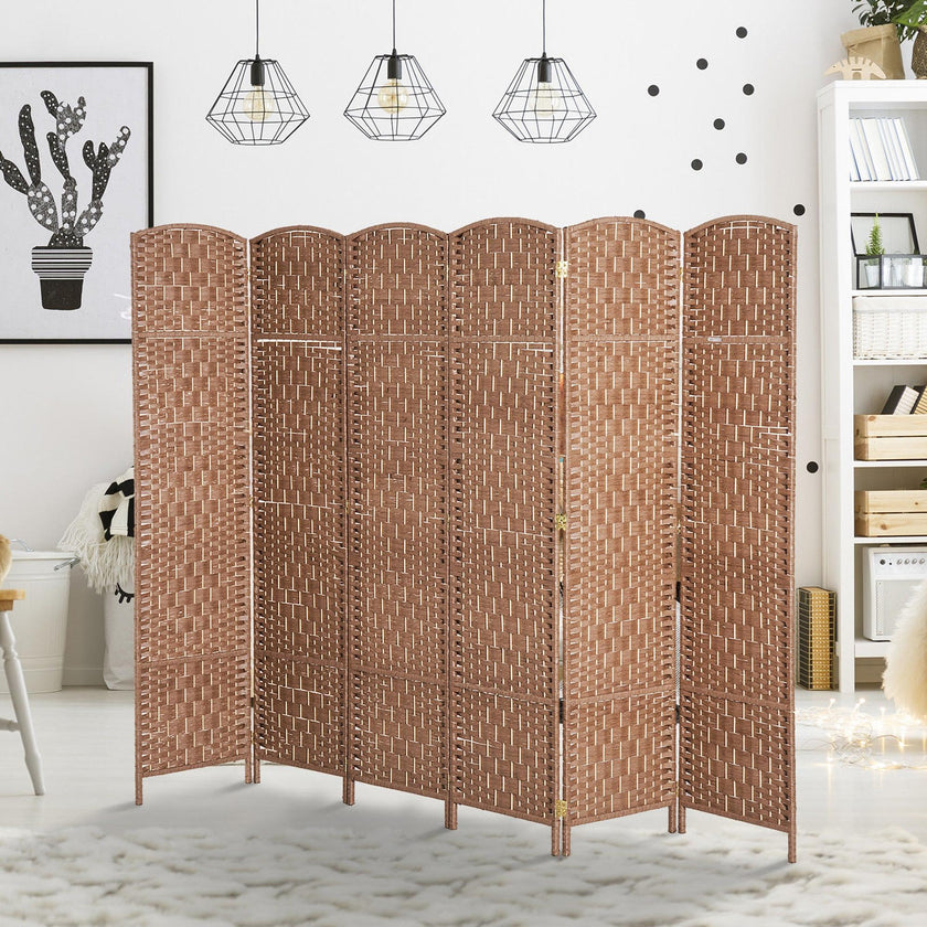 6 Panel Wicker Room Divider 6' Tall Privacy Screen Natural