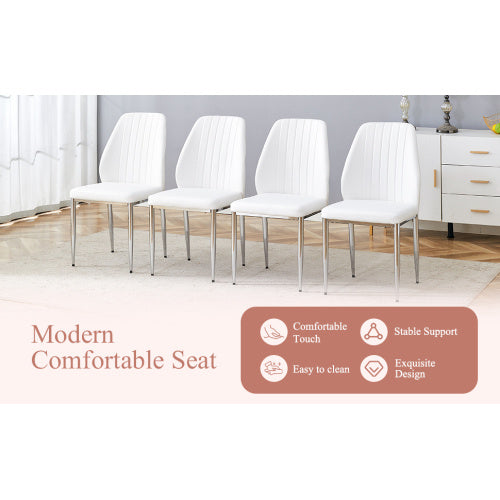 Set Of Four White PU Comfort Dining Chairs 17.7x25Dining Chair With Extended Backrest,WHITE PU,Silver Metal Legs,Suitable For Various Places Such As Family Restaurants, Hotels, Coffee Shops,etc.