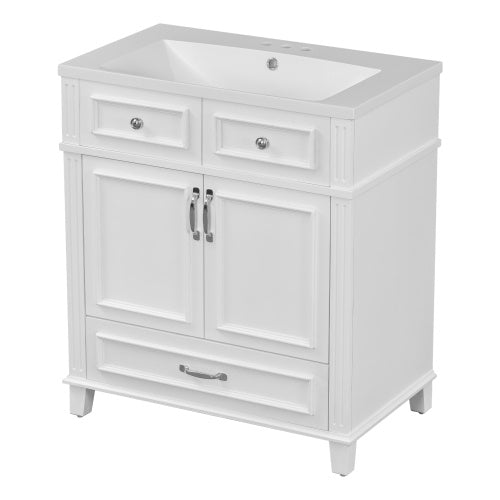 30'' Bathroom Vanity With Resin Sink, Solid Wood Frame Bathroom Storage Cabinet With Soft Closing Doors, Retro Style, White