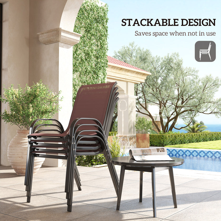 Set Of 4 Outdoor Dining Chairs, Stackable Patio Chairs With High Back, Breathable Mesh Seat For Garden Lawn, Brown