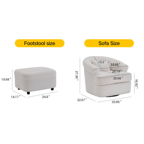 Swivel Chair With Ottoman, Modern Luxury Velvet Swivel Accent Chair, Comfy Round Armchair, Single Sofa Armchair With Lounge Seat For Bedroom Office Reading Spaces,Set Of 1,Off White