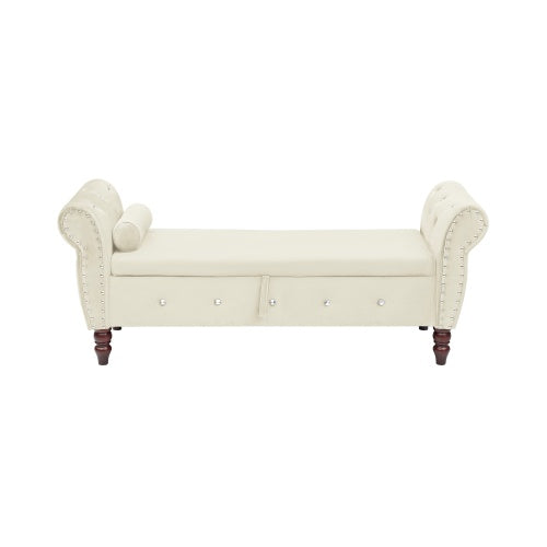 63.38Velvet Multifunctional Storage Rectangular Ottoman Bench Comes With Crystal Buckle Solid Wood Legs With 1 Pillow
