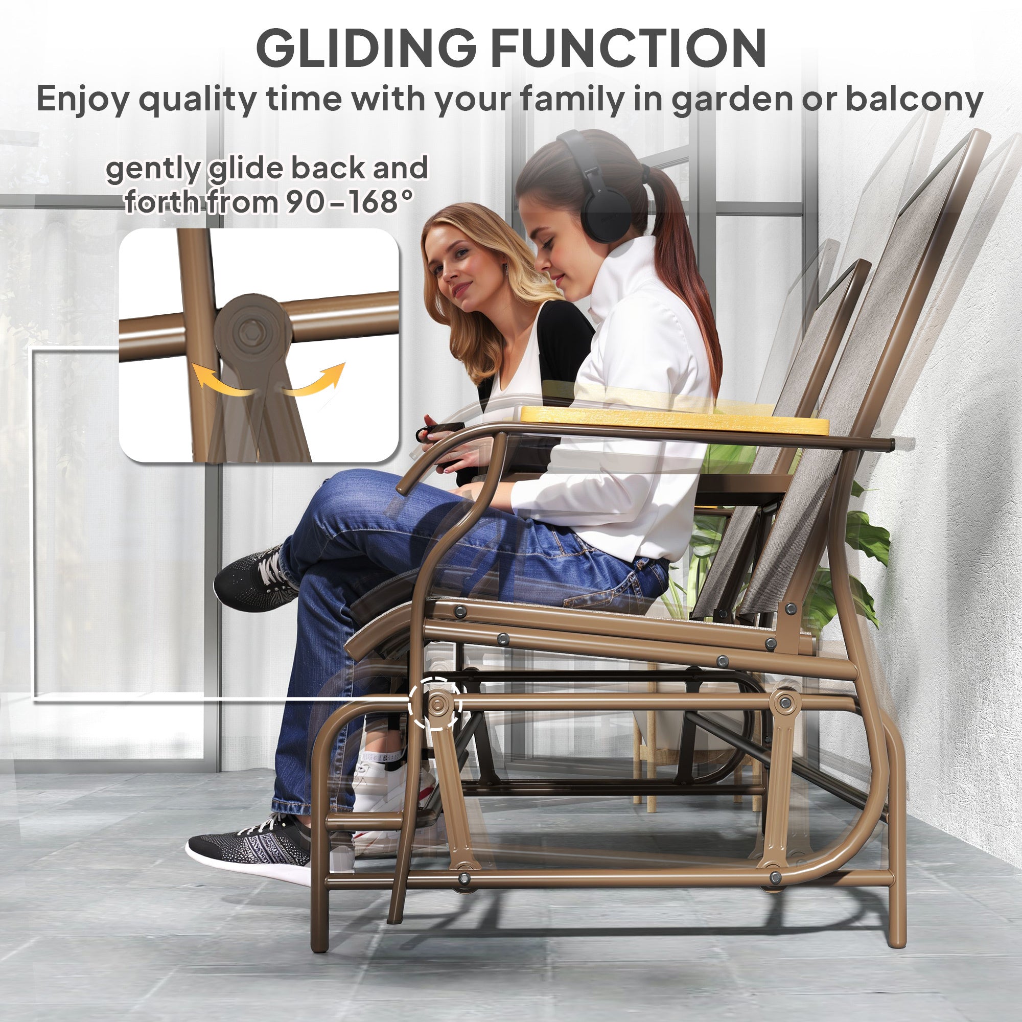 Outdoor 2-Person Glider Bench, Outside Glider Swing Chair Loveseat With Table, Steel Frame, Light Mixed Brown