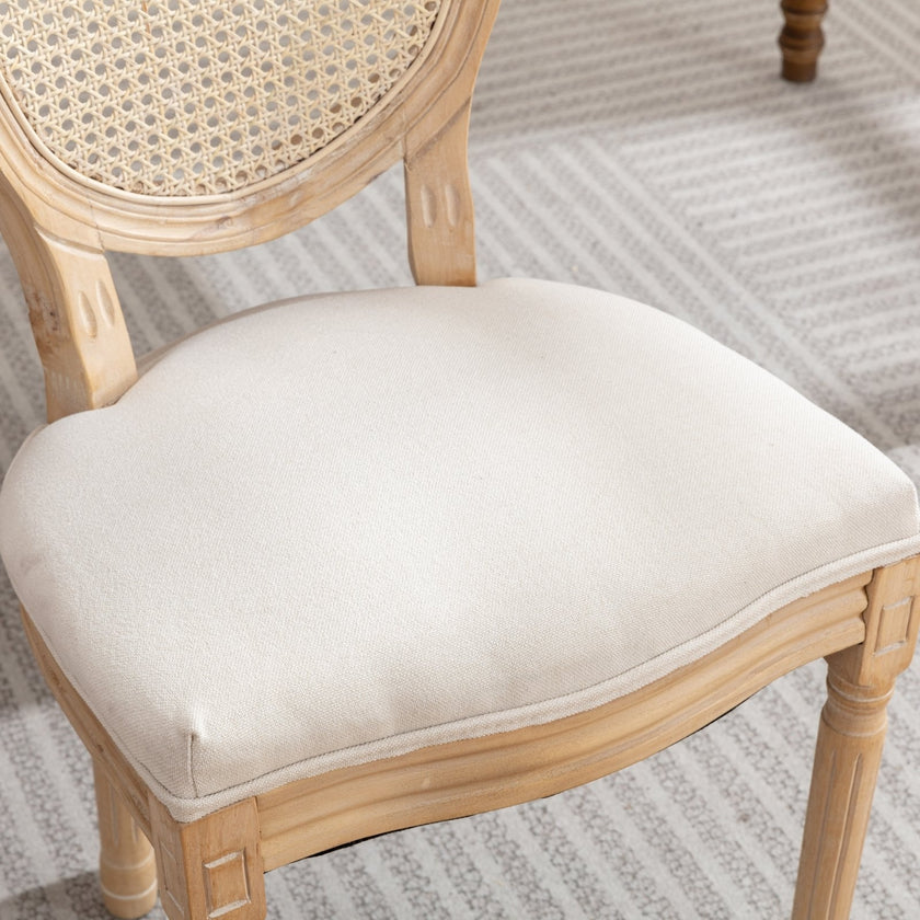 A&A French Style Solid Wood Antique Linen & Rattan Back Dining Chair