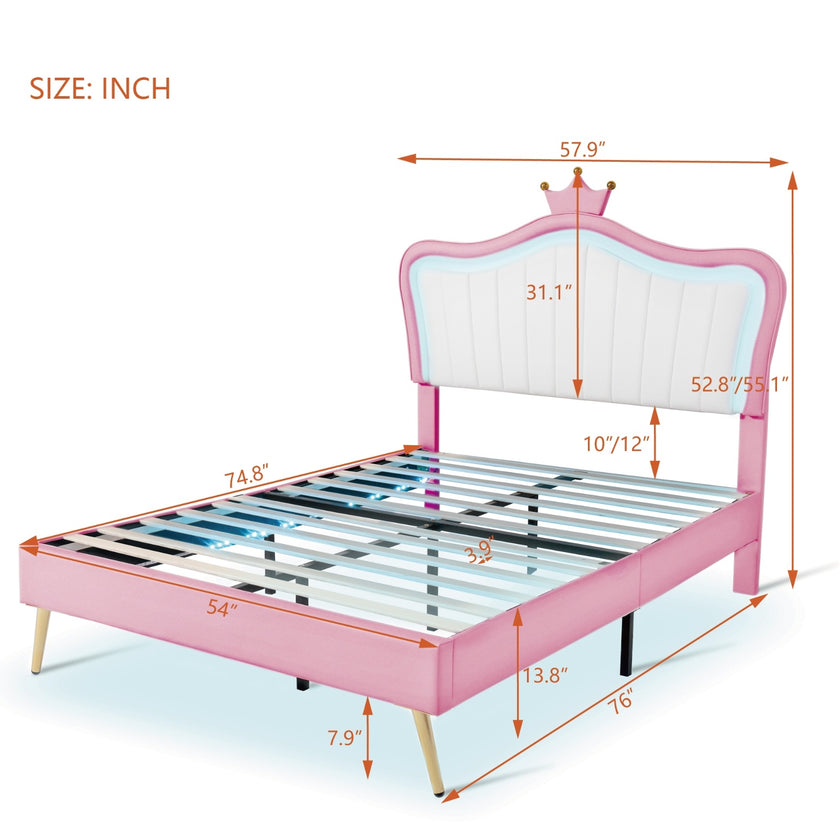 Full Size Upholstered Bed Frame With LED Lights & Crown Headboard