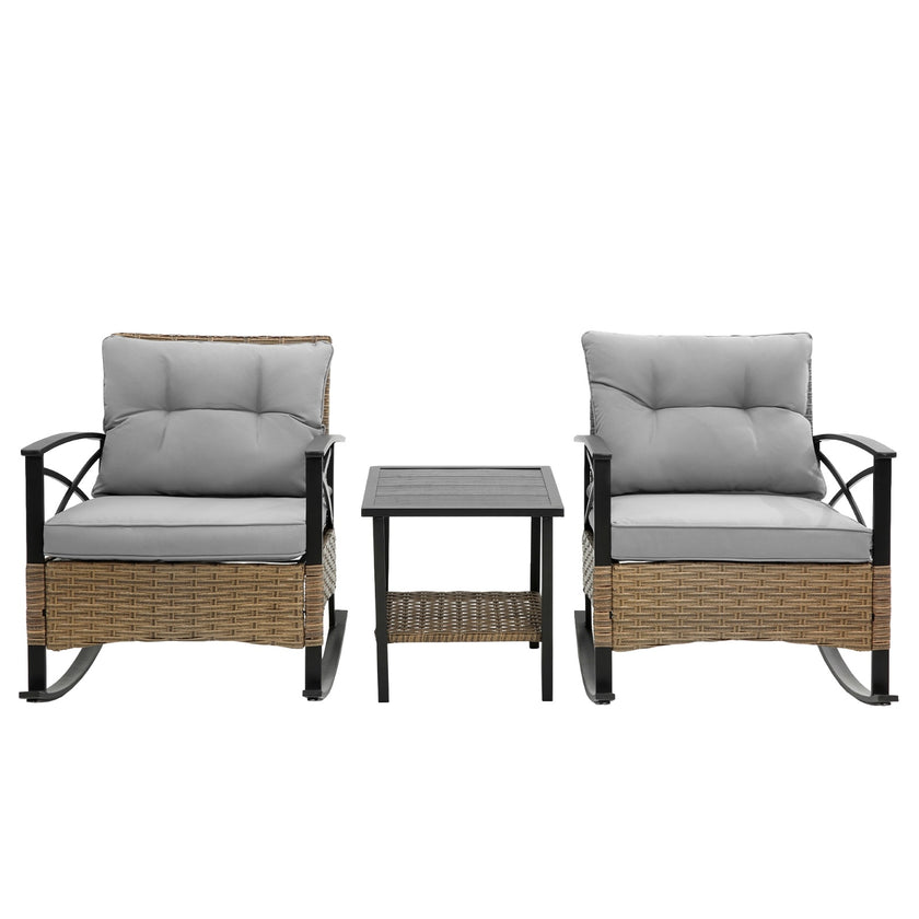 3pcs Rattan Rocking Chair Set Outdoor Leisure Grey