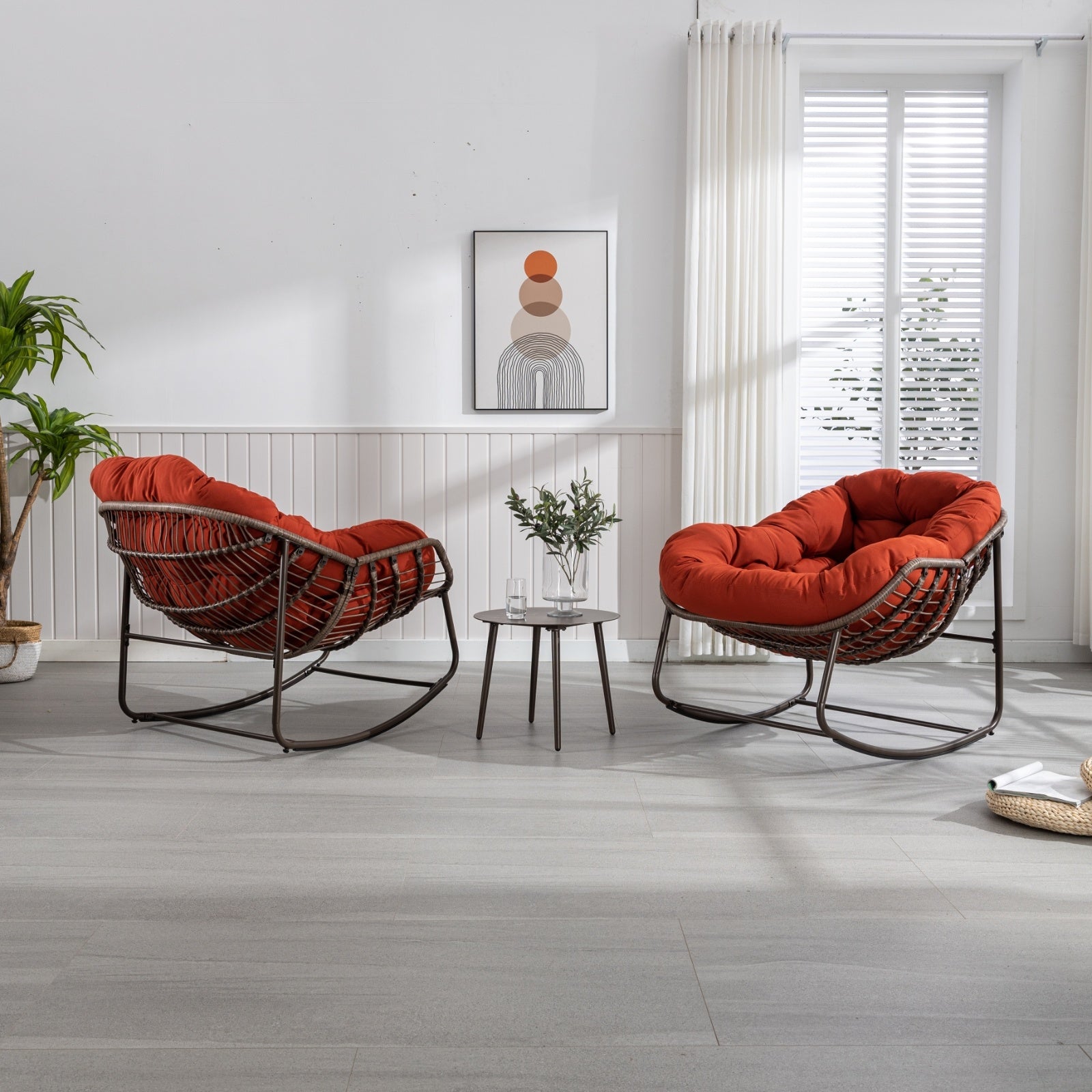 Outdoor Rattan Rocking Chair With Padded Cushion For Porch & Living Room