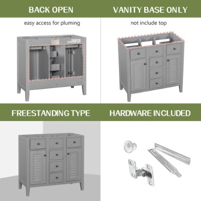 36 Bathroom Vanity Without Sink, Cabinet Base Only, Two Cabinets And Five Drawers, Solid Wood Frame, Grey
