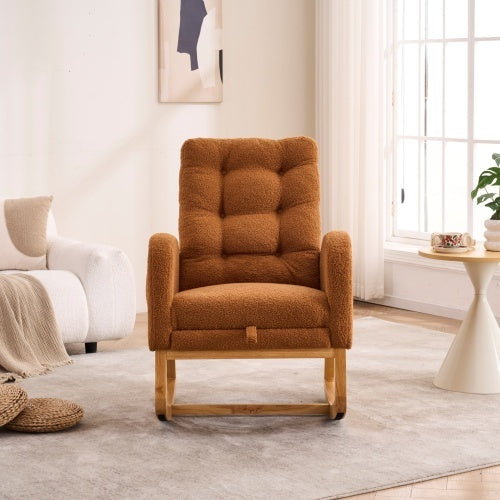 LY-5104 Caramel Accent Rocking Chair With Footrest High Back Rubber Wood Rocking Legs Bedroom Living Space 26.77D X 38.36W X 39.76H Inch