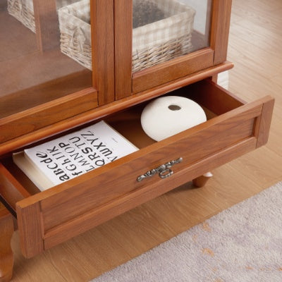 Lighted Glass Cabinet Glass Wine Cabinet Curio Display Cabinet With Adjustable Glass Shelves 2 Doors And 1 Drawer Cabinet Bulb Included OAK