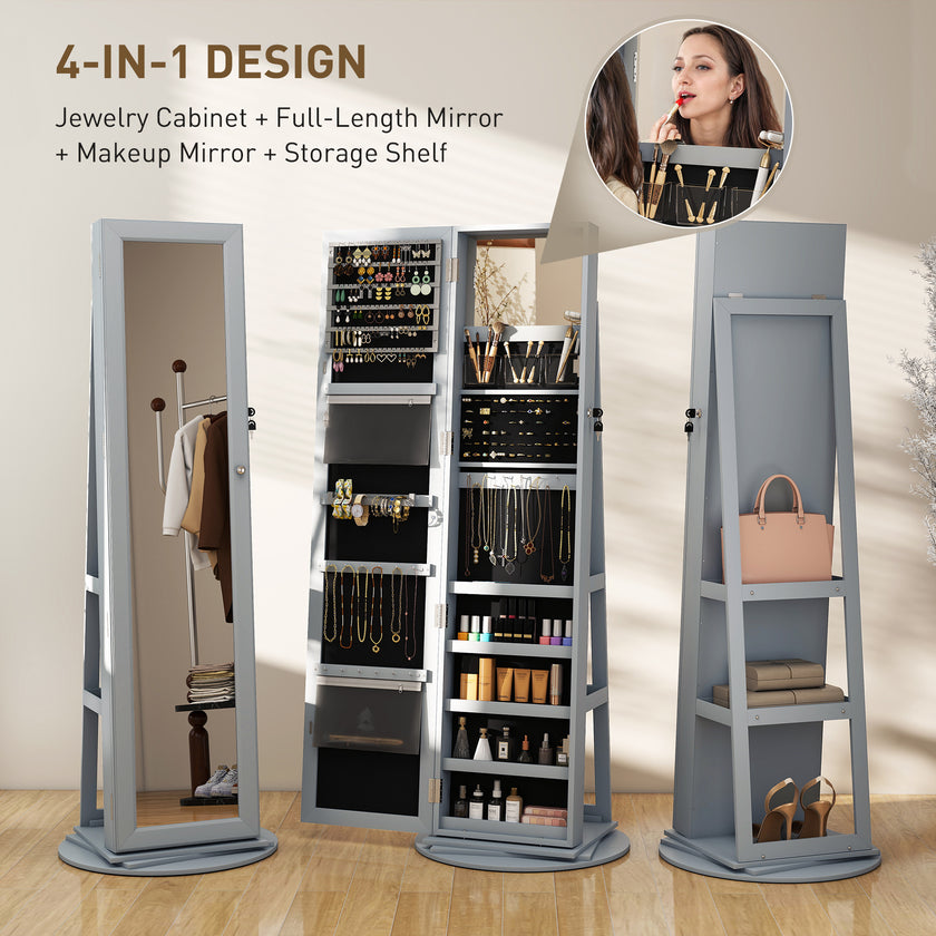 360 Swivel Jewelry Armoire, Lockable Jewelry Cabinet With Full-Length Mirror, Storage Shelves, Gray
