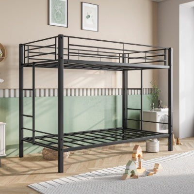 Metal Bunk Bed Twin Over Twin, Heavy Duty Twin Bunk Beds With Shelf And Slatted Support No Box Spring Needed Black