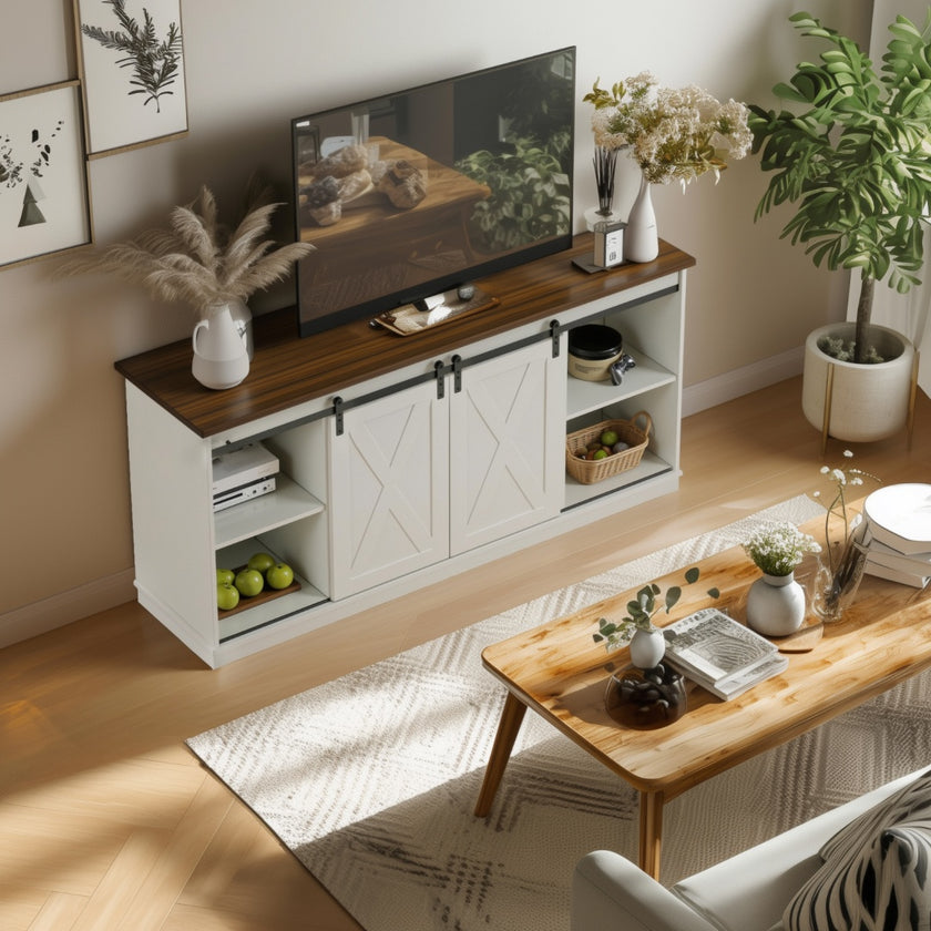 65-inch Solid Wood TV Cabinet With Double-layer Storage Space Sliding Door, Modern Living Room Furniture