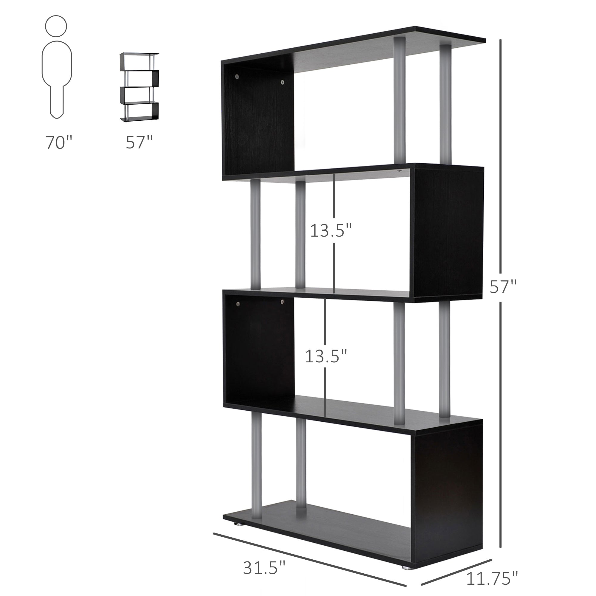5-Tier Bookcase S-Shaped Wooden Storage Shelf Modern Decorative For Home And Office Black