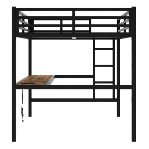 Metal Full XL Size Loft Bed With Power Outlet And LED Lighted, Space-Saving, Noise Reduced, Black