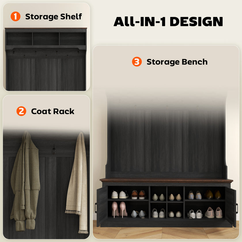 3-in-1 Hall Tree With Shoe Storage, Coat Rack With Bench, Entryway Furniture With Hooks, Black Wood Grain