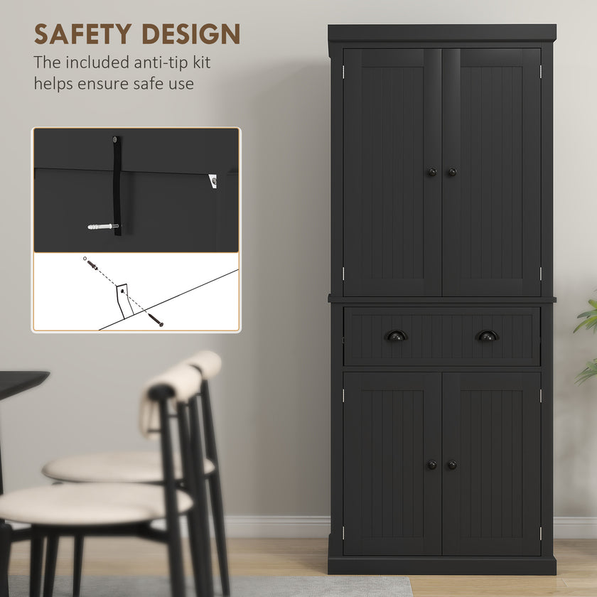 72 Kitchen Pantry Storage Cabinet, Cupboard With 4 Doors And 3 Adjustable Shelves, Large Central Drawer, Black