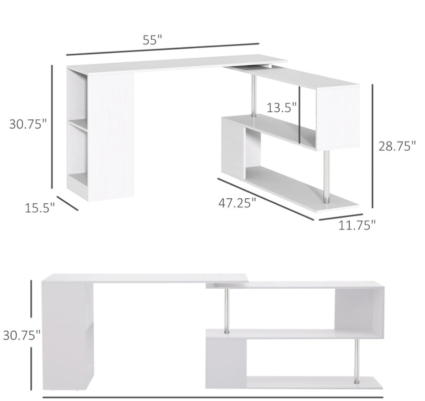 L-Shaped Desk 55 360 Rotating White Corner Computer Workstation With Storage