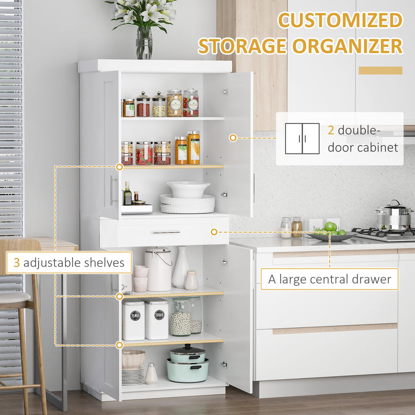Modern Kitchen Pantry Cabinet Storage With With 4 Doors, Drawer And 3 Adjustable Shelves For Dining Room, White