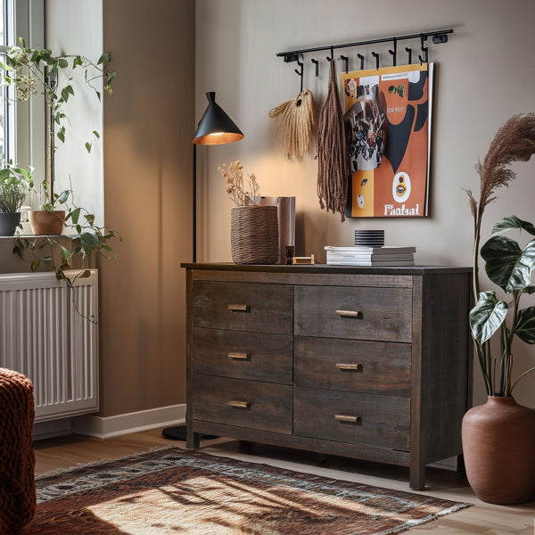 Brown MDF Veneer 120x40x80 Double-row Six-drawer Chest Of Drawers