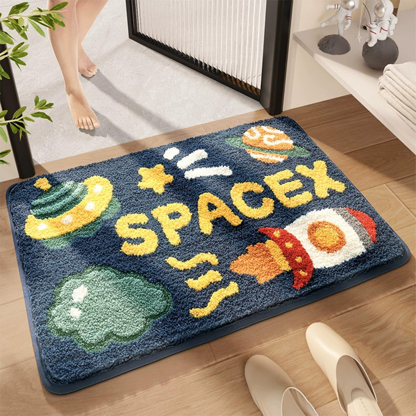 Cartoon Rocket Bath Mat Bathroom Decoration Area Rug Toilet Anti-slip Foot Mats Thickened Flocking Bath Carpet Non-slip Doormat Absorbent Bathroom Mat
