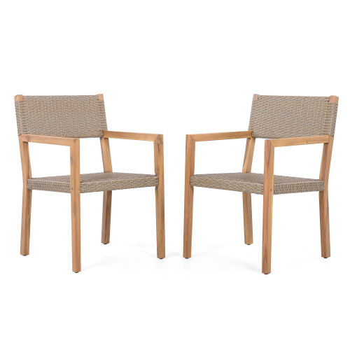 Outdoor Dining Chairs Set Of 2, Light Teak Acacia Wood Frame And Multi Light Brown PE Wicker, Ideal For Patios, Gardens