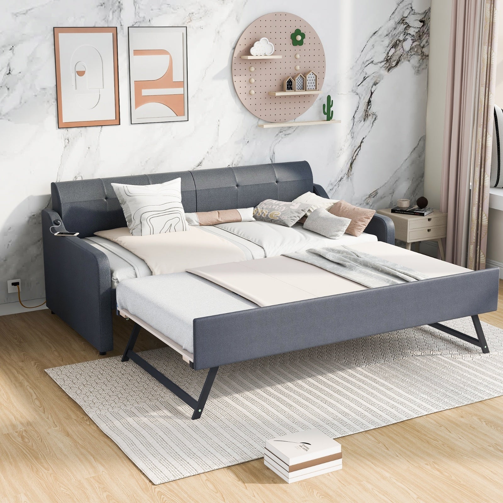 Twin Upholstered DayBed With Trundle & USB, Adjustable, Gray - 80 Characters