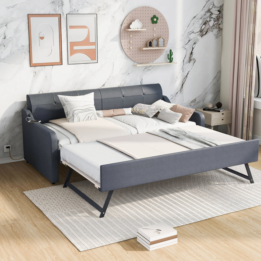 Twin Upholstered DayBed With Trundle & USB, Adjustable, Gray - 80 Characters