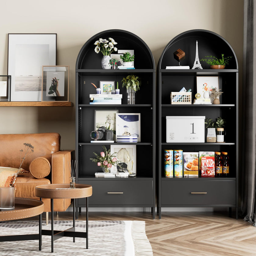 Metal Arched Bookshelf, Accent Arch Kitchen Pantry Cabinet With Drawer For Home Office Bar Living Room Farmhouse ,Black