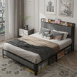 Queen Size Bed Frame With Charging Station, Upholstered Headboard, Metal Platform, Grey