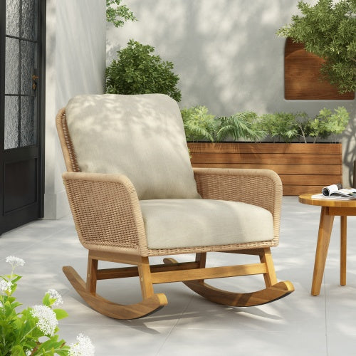 Contemporary Minimalist Ivory Wicker Rocking Chair With Soft Polyester Cushions And Durable Wooden Frame, Perfect For Indoor And Outdoor Spaces Like Patio, Balcony, Or Living Room