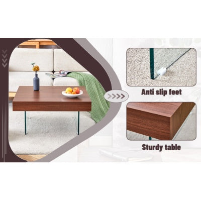 Natural Style Square MDF Coffee Table - 31.5x31.5 With Tempered Glass Legs.Density Board Sticker,Reinforced Glass