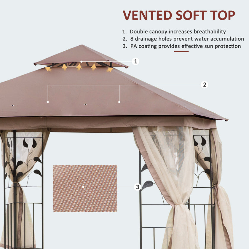 10' X 10' Outdoor Patio Gazebo Canopy With 2-Tier Polyester Roof, Netting, Curtain Sidewalls, And Steel Frame, Brown
