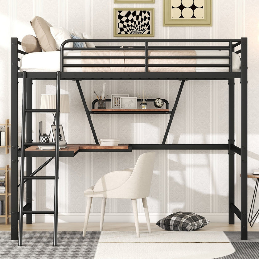 Full Size Loft Metal&MDF Bed With Desk And Shelf, Black