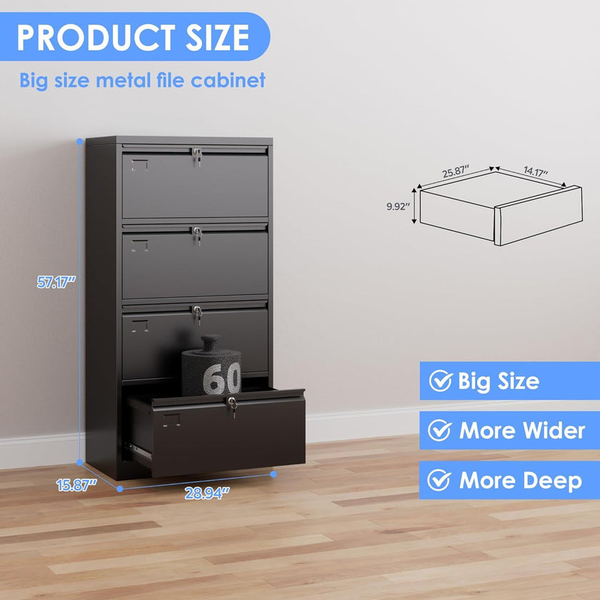 4 Drawer Lateral File Cabinet, Metal Wide Filing Cabinet With Independent Locks, Home Office Furniture For Hanging Files Letter Legal F4 A4 Size, Assembly Required, Black