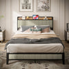 Queen Size Bed Frame With Charging Station, Upholstered Headboard, Metal Platform, Grey