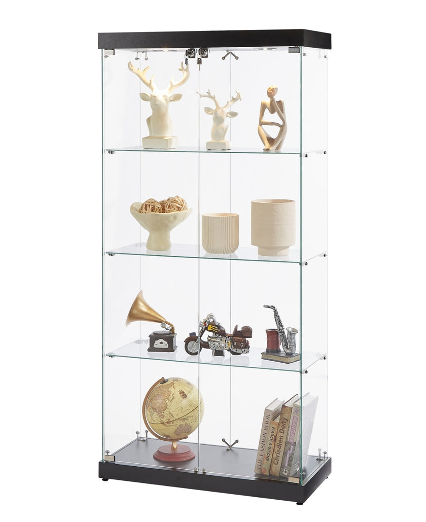 4-Tier Glass Display Cabinet, Double Door Glass Cabinet, Four Partitions, Two Locks, Floor Standing