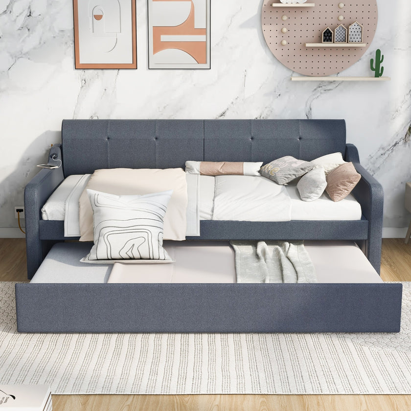 Twin Upholstered DayBed With Trundle & USB, Adjustable, Gray - 80 Characters