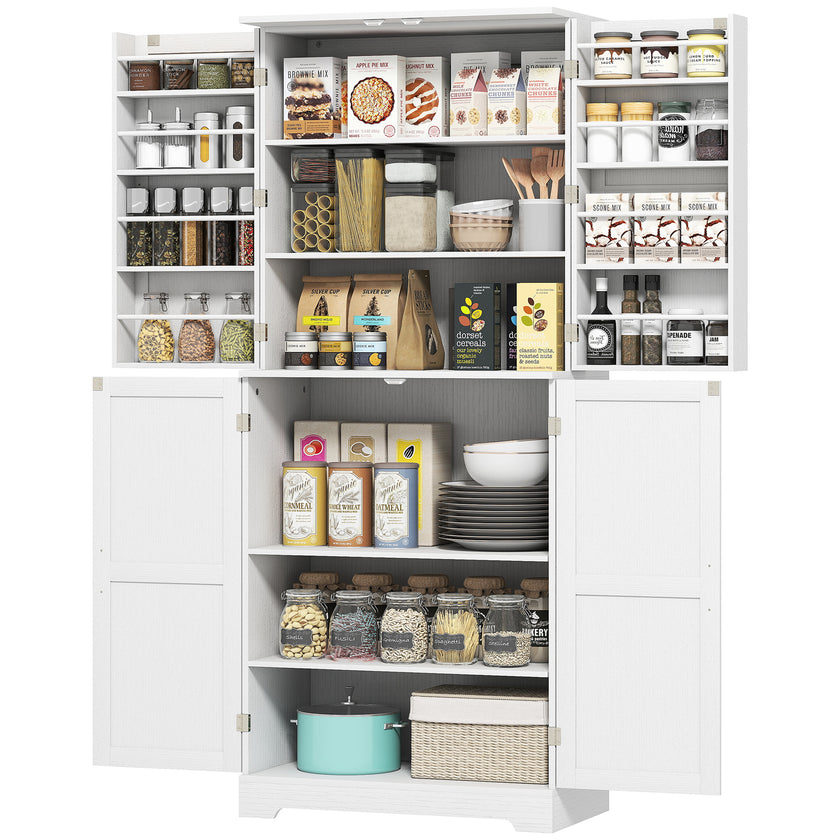 Farmhouse Kitchen Pantry, 72 Tall Pantry Cabinet With 4 Barn Doors, 4 Adjustable Shelves And 8 Door Shelves, White